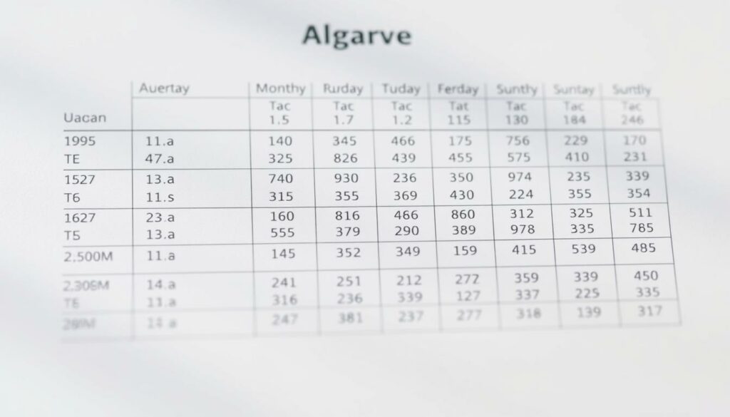 Detailed climate table for the Algarve region, Portugal. Crisp, high-resolution image showcasing average monthly temperatures, rainfall, and sunshine hours in a clean, infographic-style layout. Minimal, elegant design with a neutral color palette to blend seamlessly into the article's aesthetic. Carefully balanced composition highlighting the key climate data, with a slight perspective to create depth and visual interest. Soft, natural lighting casts gentle shadows to accentuate the texture and shapes. The overall mood is informative yet visually appealing, designed to educate and engage the reader.