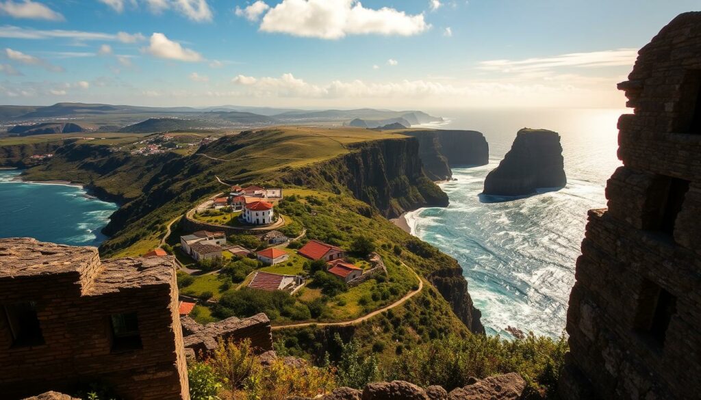 Dramatic clifftops overlooking the rugged Madeiran coastline, sun-dappled and lush with verdant vegetation. In the foreground, a panoramic viewpoint framed by weathered stone walls, inviting visitors to gaze out across the azure Atlantic. Mid-ground, rolling hills dotted with charming whitewashed buildings, their red-tiled roofs gleaming. In the distance, towering basalt cliffs plunge into the crashing waves below, their dramatic forms silhouetted against a sky painted in vibrant sunset hues. Capture this picturesque Madeiran landscape with a wide-angle lens, utilizing natural lighting to emphasize the dramatic interplay of land, sea, and sky. Convey a sense of serene tranquility and awe-inspiring natural beauty. Dramatic clifftops overlooking the rugged Madeiran coastline, sun-dappled and lush with verdant vegetation. In the foreground, a panoramic viewpoint framed by weathered stone walls, inviting visitors to gaze out across the azure Atlantic. Mid-ground, rolling hills dotted with charming whitewashed buildings, their red-tiled roofs gleaming. In the distance, towering basalt cliffs plunge into the crashing waves below, their dramatic forms silhouetted against a sky painted in vibrant sunset hues. Capture this picturesque Madeiran landscape with a wide-angle lens, utilizing natural lighting to emphasize the dramatic interplay of land, sea, and sky. Convey a sense of serene tranquility and awe-inspiring natural beauty.