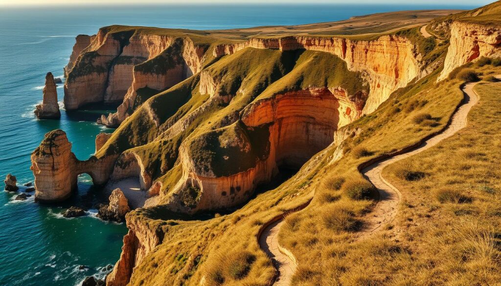 Dramatic coastal cliffs of the Algarve region, Portugal, with seven distinctive hanging valleys cascading towards the turquoise ocean. Rugged, wind-swept rock formations jut out from the verdant hills, casting dramatic shadows across the scene. A winding hiking trail leads through the dramatic landscape, offering breathtaking views of the dramatic coastline. Warm, golden sunlight illuminates the scene, creating a sense of depth and atmosphere. The composition captures the scale and grandeur of this spectacular natural wonder, drawing the viewer's eye towards the horizon and the endless expanse of the Atlantic.