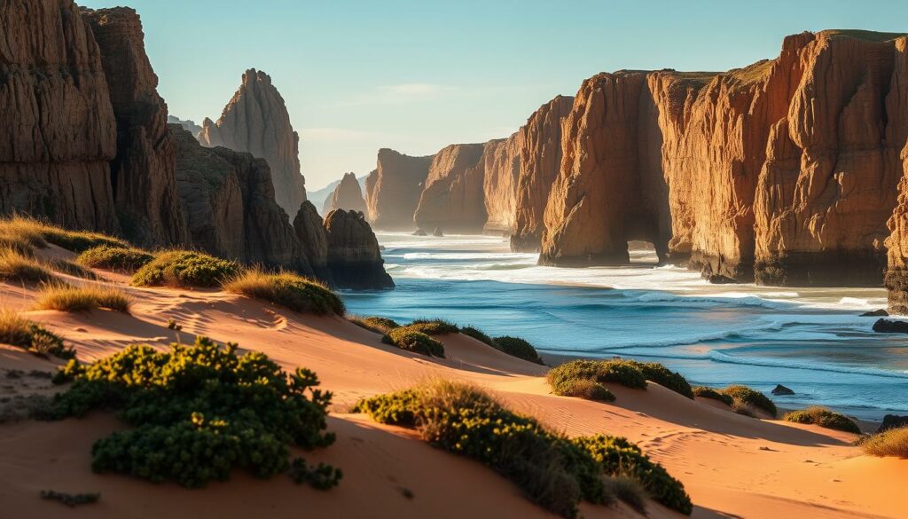 Dramatic coastal cliffs of the Rota Vicentina, Portugal. Towering rock formations jutting skyward, their rugged surfaces sculpted by time and weather. In the foreground, rolling sand dunes speckled with hardy coastal vegetation, their gentle slopes leading the eye towards the crashing waves of the Atlantic. Warm, golden sunlight bathes the scene, casting long shadows and highlighting the texture of the landscape. A wide-angle lens captures the sweeping panorama, framing the dramatic natural beauty of this pristine stretch of Alentejo coastline. The serene, awe-inspiring atmosphere invites the viewer to immerse themselves in this picturesque highlight of the Rota Vicentina.