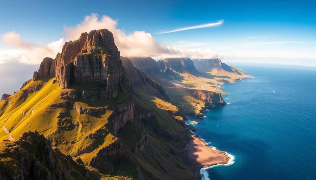 Dramatic, sweeping landscape of Cabo Girão, a towering sea cliff on the southern coast of Madeira island. The rugged, jagged cliffs rise up dramatically from the deep blue Atlantic ocean, casting dramatic shadows and highlights across the rocky formations. A breathtaking viewpoint showcases the spectacular natural scenery, with lush green hills and terraced vineyards blanketing the distant shoreline. Warm, golden sunlight filters through wispy clouds, illuminating the stunning vistas. A wide, panoramic composition captures the grandeur and scale of this remarkable natural wonder.