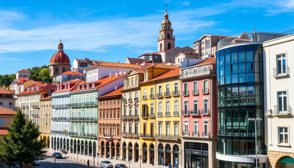 Ein Bild von Braga mit historischen Gebäuden und modernen Straßen