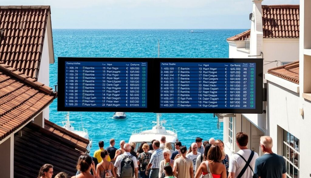 Fahrpläne Azoren Hochsaison A sun-dappled ferry terminal on the lush Azores islands, bustling with passengers during the peak tourist season. Tiled roofs and whitewashed buildings frame the scene, with moored boats bobbing gently in the sparkling azure waters. A large digital departure board displays ferry schedules, its crisp text and icons illuminated by warm, natural lighting. Islanders and visitors alike consult the timetables, planning their island-hopping adventures. The atmosphere is one of vibrant activity, balanced by the tranquil, coastal ambiance - a perfect reflection of the seasonal rhythms of Azorean ferry travel.