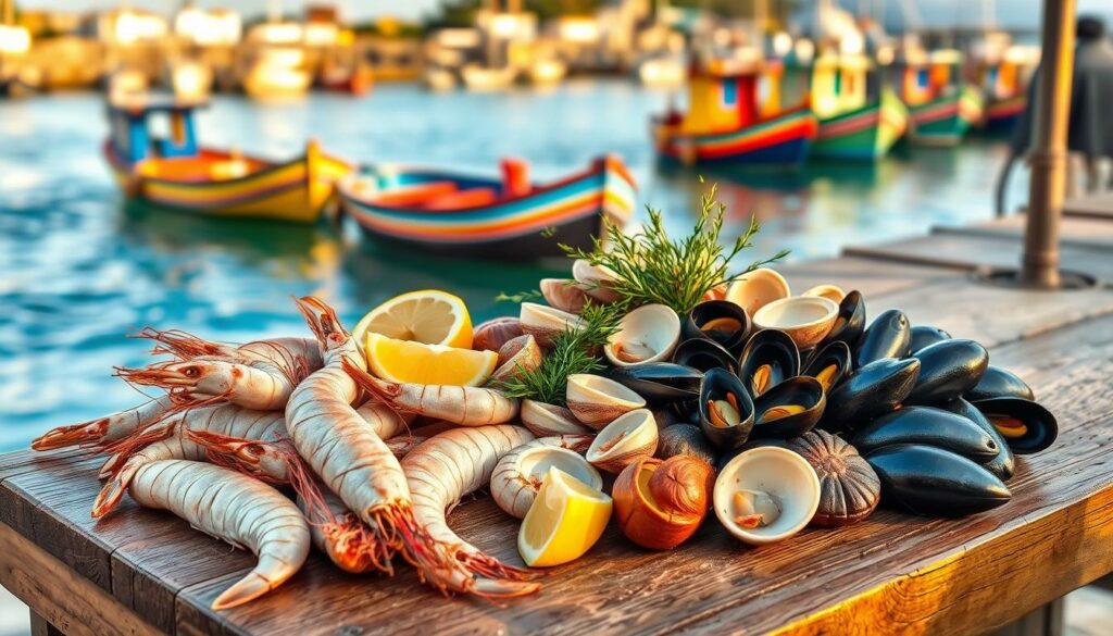 Freshly caught seafood displayed on a rustic wooden table in the charming fishing village of Sesimbra. Glistening shrimp, tender clams, and succulent mussels arranged artfully, complemented by lemon wedges and sprigs of fragrant herbs. Warm, golden lighting illuminates the scene, casting a cozy, inviting atmosphere. The background features the picturesque harbor, with colorful fishing boats gently rocking on the azure waters of the Atlantic Ocean. An embodiment of the culinary delights that make Sesimbra the "Pearl of the Azure Coast".