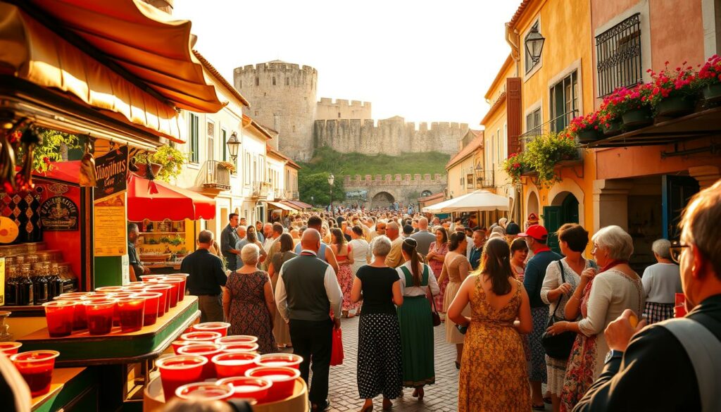 Ginjinha festival in Óbidos, Portugal. A vibrant celebration of the cherished local liqueur, with a lively crowd gathered in the picturesque medieval town. In the foreground, vendors offer small cups of the ruby-red ginjinha, its distinct flavor delighting visitors. In the middle ground, locals in traditional dress dance and mingle, showcasing the cultural heritage. The background reveals the quaint, cobblestone streets and the iconic castle walls, bathed in warm, golden light that creates a cozy, inviting atmosphere. Capture the essence of this beloved Portuguese tradition, where the sweet taste of ginjinha intertwines with the rich history and community spirit of Óbidos.