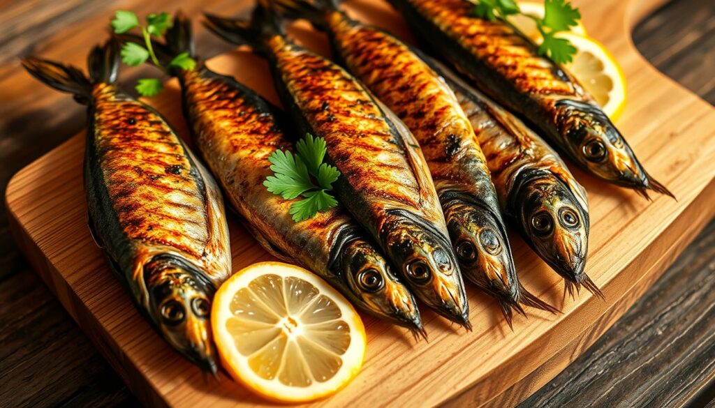 Grilled Atlantic sardines arranged on a rustic wooden board, their glistening, charred skin contrasting against the light wood grain. Slivers of lemon and fresh parsley sprigs add a vibrant pop of color, complementing the rich, oily aroma of the fish. The scene is bathed in warm, golden light, evoking the cozy atmosphere of a traditional Portuguese seaside eatery. The composition emphasizes the simplicity and authenticity of this beloved street food, capturing the essence of Portugal's coastal culinary heritage.