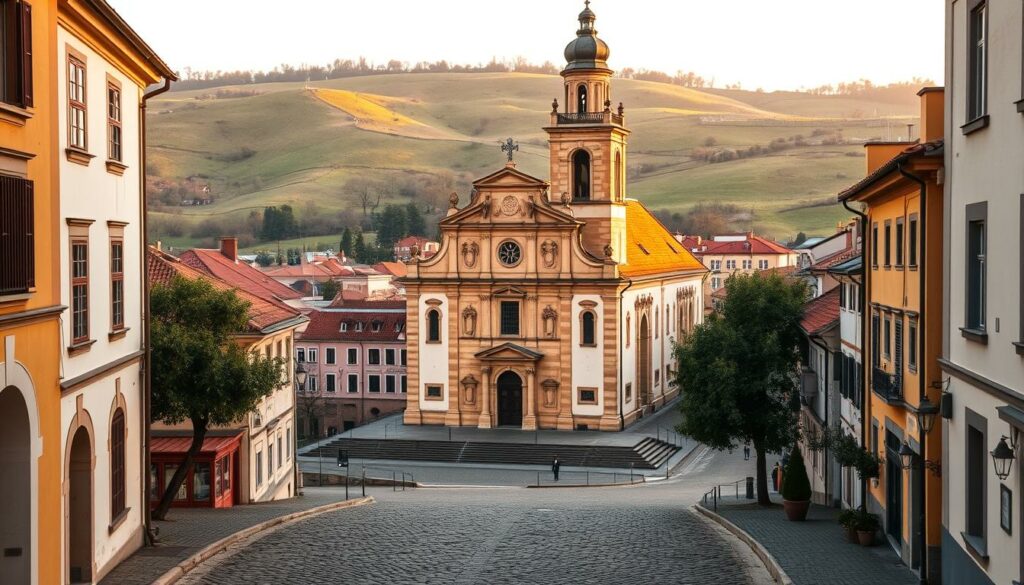 Historische Kirche Marialva, a picturesque 17th-century cathedral standing tall amidst the charming old town of Marialva. Captured in golden hour light, the church's ornate facade and bell tower are the focal point, framed by the rolling hills and cobblestone streets in the background. The scene exudes a serene, timeless atmosphere, inviting visitors to step back in time and immerse themselves in the town's rich history and architectural beauty. Wide-angle lens, low perspective to emphasize the grand scale of the church, soft warm tones to convey the gentle, tranquil mood.