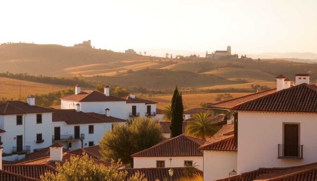 Kulturelle Highlights im Alentejo: A serene countryside landscape in the Alentejo region of Portugal, bathed in warm, golden light. In the foreground, a picturesque whitewashed village with traditional terracotta roofs and wrought-iron balconies. Middle ground features rolling hills dotted with olive groves and vineyards, while the background showcases the silhouettes of ancient castles and churches atop distant hills. The scene conveys a sense of timeless tranquility and the rich cultural heritage of this enchanting region.