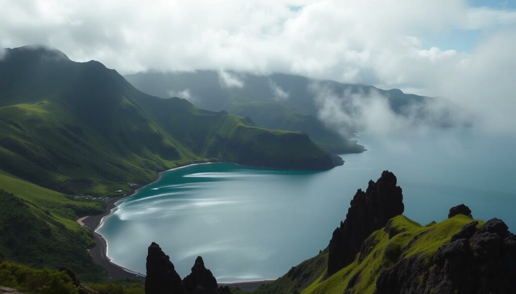 Lagoa do Fogo Wanderung: A breathtaking volcanic lake nestled amidst lush, verdant hills on the Azores island of São Miguel. Shimmering turquoise waters reflect the surrounding emerald slopes and dramatic cliffs under a soft, diffused natural light. Wispy clouds drift overhead, casting gentle shadows upon the tranquil scene. Lush, verdant forests line the lakeshore, their canopies creating a captivating interplay of light and shadow. Rugged basalt formations jut out from the water's edge, adding depth and texture to the composition. The entire landscape exudes a sense of peaceful solitude, inviting the viewer to immerse themselves in the serene, otherworldly beauty of Lagoa do Fogo.