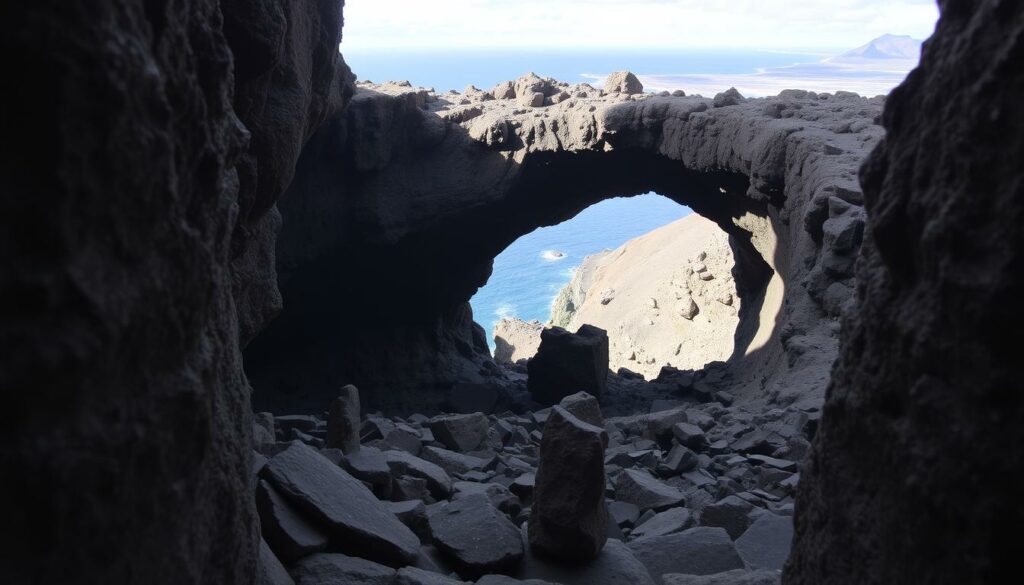 Lava caves on the north coast of Madeira, Portugal. A dramatic rocky landscape with towering volcanic cliffs and a natural cave system carved by ancient lava flows. Soft afternoon light filters through the cave entrance, illuminating the rugged terrain. The scene has a sense of mystery and adventure, inviting the viewer to explore this unique geological wonder. In the foreground, smooth basalt columns frame the view, while in the middle ground, the cave mouth opens to reveal the dark interior. The background features a sweeping panorama of the Madeira coastline, with the deep blue Atlantic ocean in the distance. This image captures the captivating natural beauty and geological history of this remarkable location.