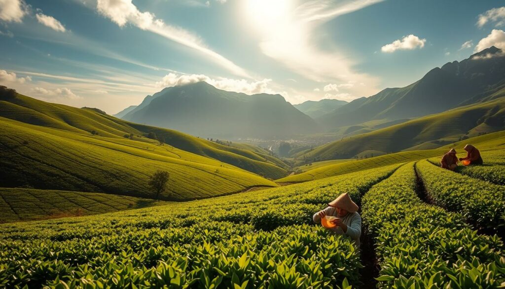 Lush, rolling hills blanketed in verdant tea plantations, their neat rows stretching out towards the distant horizon. Dappled sunlight filters through wispy clouds, casting a warm, golden glow over the scene. In the foreground, workers carefully pluck the fragrant leaves, their movements graceful and practiced. The air is thick with the earthy, slightly floral aroma of freshly harvested tea. Framing the landscape, towering mountains rise up, their rugged peaks capped with a dusting of snow. This is the Azores, Europe's only tea-growing region, a lush, idyllic oasis where the land and the elements conspire to create a product of unparalleled quality.