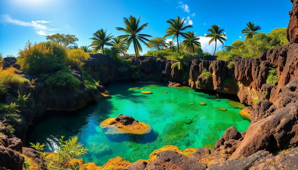 Lush, verdant landscape of hidden natural pools on the island of Madeira, nestled amidst volcanic rock formations and lush foliage. Crystalline emerald-green waters reflecting the azure sky, surrounded by rugged, weathered cliffs and dramatic overhanging vegetation. Sunlight filters through the canopy, casting a warm, golden glow and creating captivating patterns of light and shadow. Towering palm trees sway gently in the ocean breeze, adding to the serene, tropical ambiance. Wide-angle lens captures the expansive, awe-inspiring scene, inviting the viewer to step into this secluded, idyllic natural oasis.