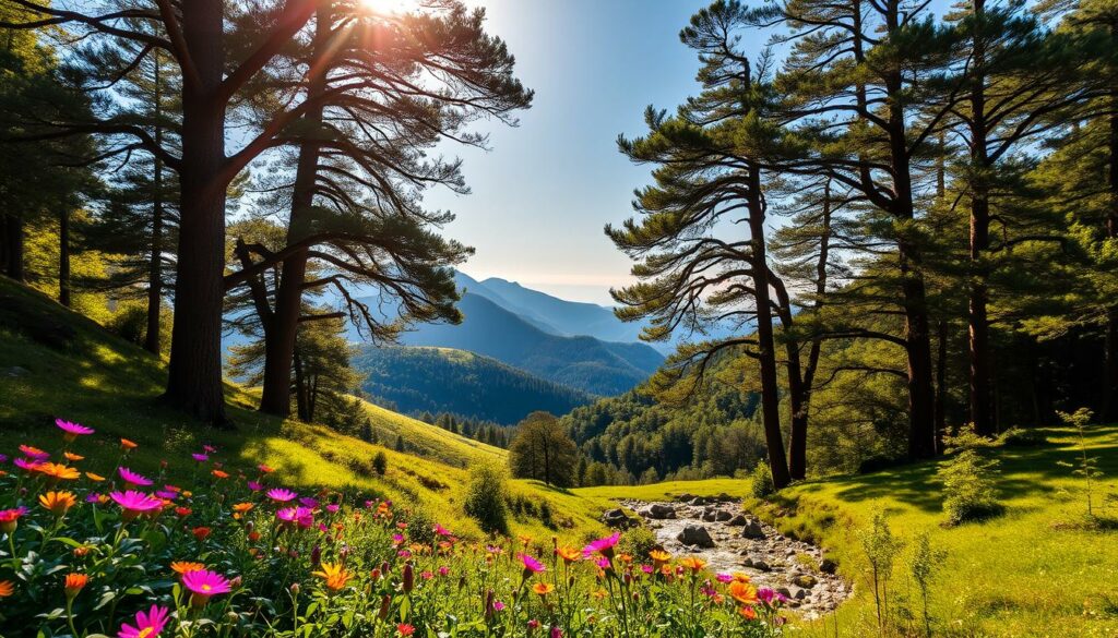 Lush, verdant landscapes unfold in the Peneda-Gerês National Park, a tapestry of rolling hills, towering peaks, and crystal-clear streams. Vibrant wildflowers dot the foreground, their petals swaying gently in the breeze. Towering trees frame the middle ground, their branches casting dappled shadows across the forest floor. In the distance, rugged mountains rise, their craggy silhouettes etched against a serene, azure sky. Warm, golden sunlight filters through the canopy, casting a magical glow over the scene. Capture the natural beauty and serenity of this untamed wilderness, a true wonder of Portugal's northern region.