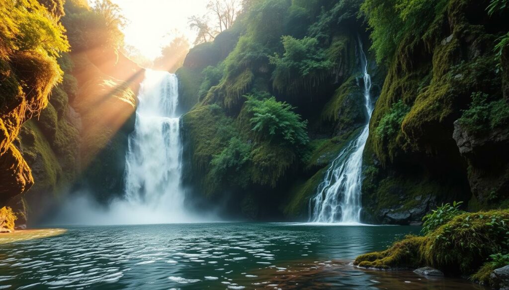 Lush, verdant waterfall cascading over rugged, mossy cliffs in a pristine, untouched wilderness. Sunlight filters through the dense foliage, casting a warm, golden glow on the rushing waters. The serene pool below reflects the towering rock formations and vibrant greenery surrounding it. Mist rises from the churning cascade, creating a sense of tranquility and primal beauty. Dramatic, dramatic angles capture the scale and power of this natural spectacle, immersing the viewer in the grandeur of this untamed landscape. A true feast for the senses, inviting exploration and contemplation of nature's raw, untamed majesty.