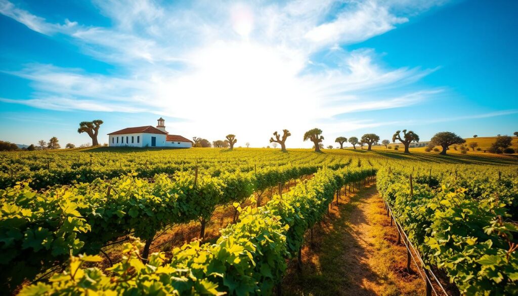 Lush vineyards sprawl across the rolling hills of Alentejo, Portugal, showcasing sustainable viticulture practices. In the foreground, rows of grapevines sway gently in the soft, golden light, their leaves rustling in the breeze. Winding through the vineyard, a meandering dirt path leads the viewer's eye towards a traditional Portuguese winery, its whitewashed walls and terracotta roof tiles blending seamlessly with the natural landscape. In the background, the horizon is dotted with ancient olive trees, their twisted trunks silhouetted against a vibrant, azure sky. The scene exudes a sense of harmony and ecological balance, capturing the essence of biodynamic and sustainable winemaking in the Alentejo region.