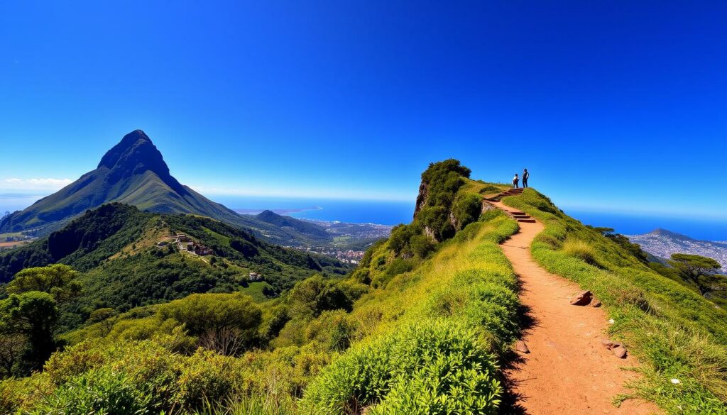 Majestic peak of Pico do Arieiro rises against a clear blue sky, its craggy summit bathed in warm afternoon sunlight. A well-trodden trail winds through lush, verdant foliage, leading to a scenic overlook perched atop the mountain. From this vantage point, the viewer is treated to a breathtaking panorama - rolling hills blanketed in vibrant greenery, dotted with charming villages and punctuated by the shimmering azure of the distant ocean. A serene, tranquil atmosphere pervades the scene, inviting the observer to take in the stunning natural beauty of Madeira's iconic mountain.