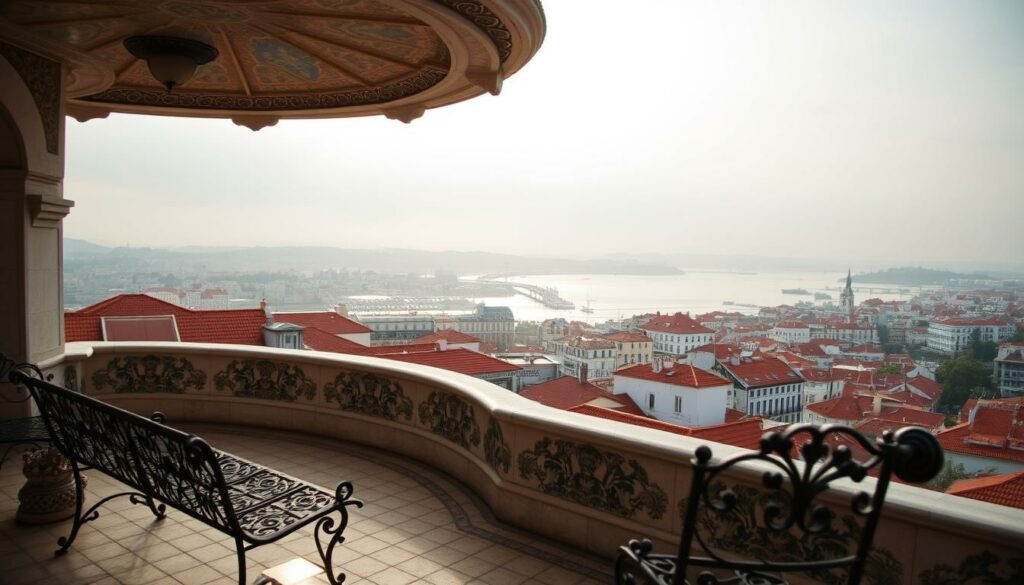 Miradouro de Santa Luzia, a stunning viewpoint in Alfama, Lisbon, overlooking the majestic Tejo River. Intricate azulejo tiles adorn the terrace, casting a warm, historic glow. In the foreground, wrought-iron benches invite visitors to pause and soak in the breathtaking vistas. The middle ground features the iconic red-tiled roofs and whitewashed buildings that characterize Alfama's charming streetscape. In the distance, the Tejo River winds its way through the city, its waters reflecting the golden hues of the setting sun. The scene is bathed in a soft, diffused light, creating a serene and enchanting atmosphere that captures the essence of Lisbon's most picturesque neighborhood.