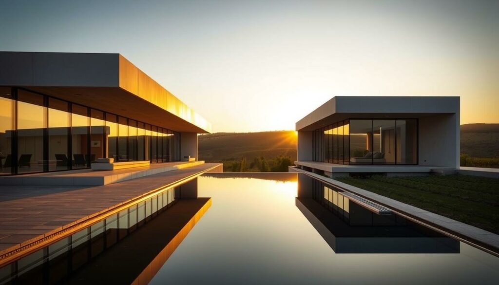 Moderne Architektur Weingut Adega Mayor: A sleek, minimalist winery nestled in the rolling hills of the Alentejo region. The building's clean lines and expansive glass facades offer panoramic views of the surrounding vineyards. Warm, golden light filters through the windows, casting a serene, elegant atmosphere. In the foreground, a reflection pool mirrors the modern architecture, creating a sense of harmony between the structure and the natural landscape. Geometric shapes and angular forms dominate the design, showcasing the winery's commitment to innovation and craftsmanship. The overall impression is one of sophistication, blending cutting-edge design with the rich heritage of Portuguese winemaking.