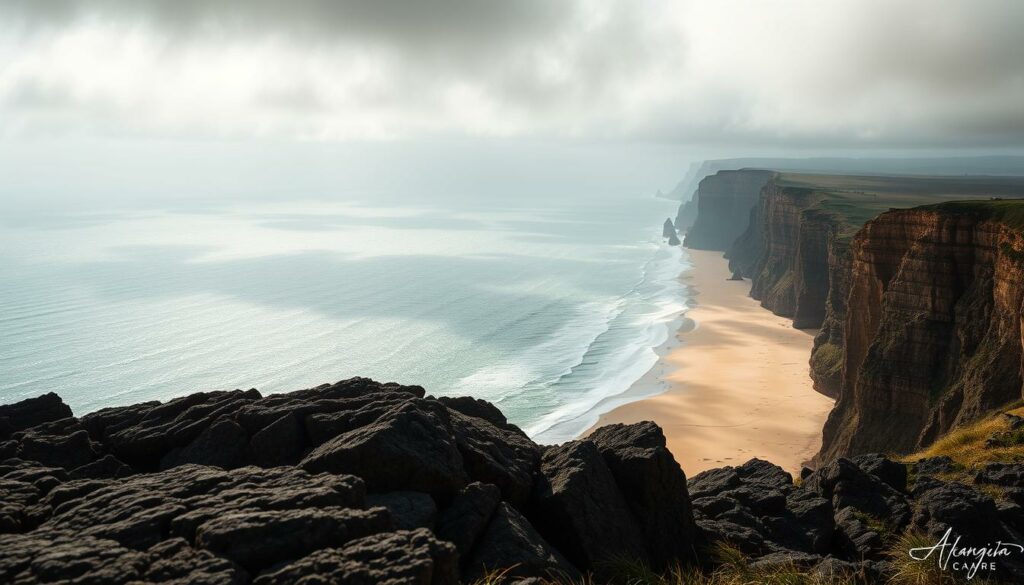 Panoramic coastal vista overlooking the golden sand and dramatic cliffs of Praia da Cordoama. Dramatic lighting casts long shadows on the rugged, textured schieferfelsen in the foreground, with the shimmering Atlantic Ocean stretching out to the horizon. A wide-angle lens captures the expansive, cinematic scene, drawing the viewer's eye across the breathtaking natural landscape. The moody, atmospheric feel evokes a sense of tranquility and the timeless beauty of this picturesque Portuguese beach.