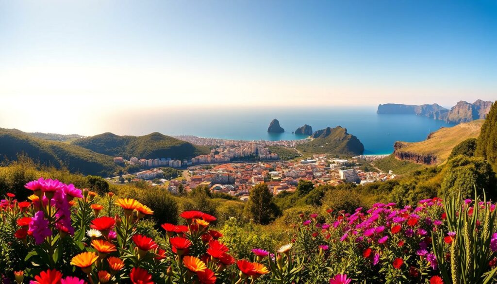Panoramic view over Funchal and the bay, capturing the lush, verdant landscape of the Madeira Botanical Garden. A wide-angle lens frames the colorful blooms in the foreground, leading the eye towards the picturesque city nestled in the rolling hills. Warm, golden afternoon sunlight bathes the scene, creating vibrant shadows and highlighting the intricate architectural details of Funchal's historic buildings. In the distance, the sparkling azure waters of the bay stretch out, framed by rugged, volcanic cliffs. An awe-inspiring, panoramic vista that showcases the natural beauty and charm of this idyllic Portuguese island destination.