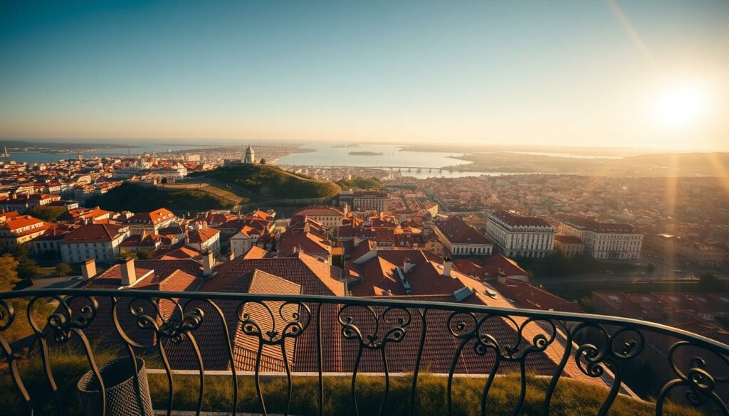 Panoramic vista from a Miradouro in Lisbon, Portugal. A sweeping cityscape unfolds, with the iconic red-tiled roofs of Baixa district and the Tagus River shimmering in the distance. Warm, golden sunlight bathes the scene, casting long shadows across the undulating hills. In the foreground, a charming wrought-iron balcony frames the view, inviting the viewer to pause and savor the breathtaking panorama. Subtle hues of ochre, terracotta, and azure create a timeless, quintessentially Iberian atmosphere. A wideangle lens captures the expansive, cinematic perspective, conveying the sheer scale and grandeur of Lisbon's urban landscape.
