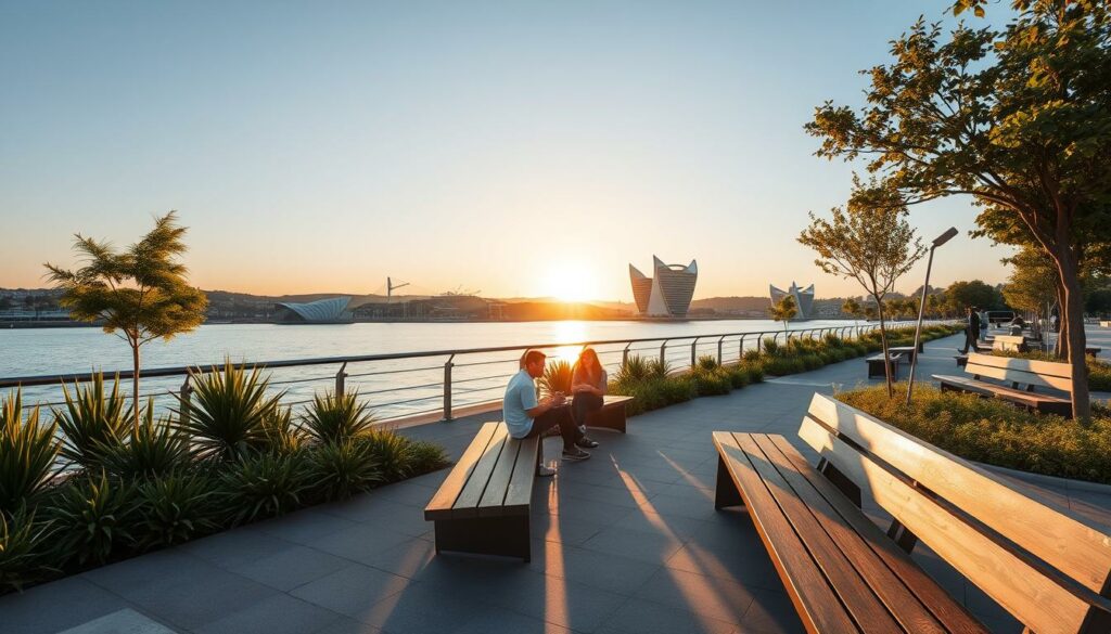 Parque das Nações Picknickplatz: A sun-drenched urban oasis by the Tagus River, featuring sleek modern benches and lush greenery. A young couple enjoys a picnic, their faces aglow in the golden hour light. In the background, the striking architecture of the Expo '98 site creates a dramatic, futuristic skyline. Wide-angle lens captures the expansive, serene atmosphere, inviting viewers to imagine themselves relaxing on this picturesque riverside terrace, indulging in snacks and taking in the breathtaking sunset over the city.