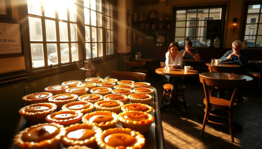 Pastéis de Nata in einem Café in Lissabon: A cozy, sun-drenched café interior in the heart of Lisbon's historic district. Rows of freshly baked custard tarts glisten under soft, golden lighting, their flaky pastry shells and caramelized tops beckoning. A handful of patrons sip rich, aromatic coffee, engrossed in quiet conversation against a backdrop of weathered tiles and wooden furnishings. Sunlight streams through large windows, casting a warm, inviting glow over the scene. The atmosphere is one of unhurried relaxation, a quintessential Lisbon experience.