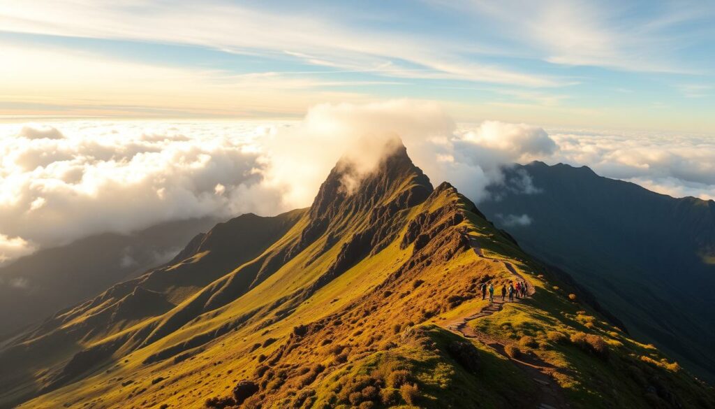 Pico Ruivo, the highest peak of Madeira, rising majestically into the clouds. Rugged, jagged ridges carved by wind and weather, casting dramatic shadows across the lush, verdant slopes. Hikers ascend winding trails, pausing to take in the breathtaking vistas of the island's dramatic central highlands. Warm, golden sunlight filters through wispy cirrus, illuminating the rocky summit with an ethereal glow. The surrounding landscape is a tapestry of vibrant greens, punctuated by the occasional burst of colorful wildflowers. This is the crown jewel of Madeira, a true must-see for any adventurous trekker.