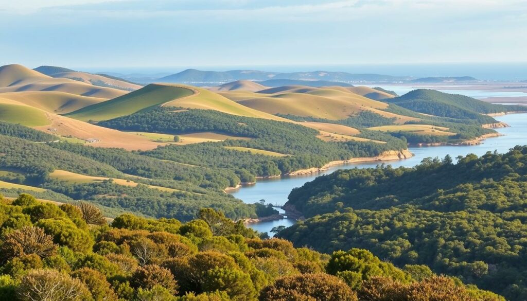 Picturesque coastal and inland protected nature reserves in Portugal, featuring serene landscapes with rolling hills, lush forests, and tranquil waterways. Soft, diffused lighting illuminates the scene, highlighting the natural beauty and serenity of these carefully preserved ecosystems. Capture the essence of Portugal's commitment to environmental protection, showcasing the diverse habitats that provide sanctuary for a myriad of flora and fauna. Convey a sense of wonder and appreciation for the country's natural wonders, inviting the viewer to explore these captivating Naturschutzgebiete.