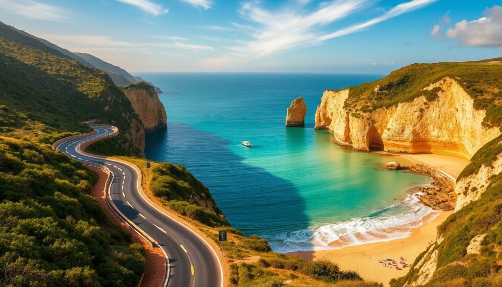 Picturesque coastal road winding through lush, verdant hills leading to the magnificent Praia de Benagil. Pristine, golden sand beach nestled between towering limestone cliffs, their jagged edges carved by the relentless ocean tides. Crystalline turquoise waters gently lapping at the shore, inviting beachgoers to immerse themselves in the serene beauty. Warm, golden sunlight filters through wispy clouds, casting a soft, ethereal glow over the entire scene. A lone fisherman's boat drifts lazily in the distance, adding a touch of tranquility to the idyllic landscape. The perfect setting to showcase the breathtaking Algarve coastline and the allure of Praia de Benagil.