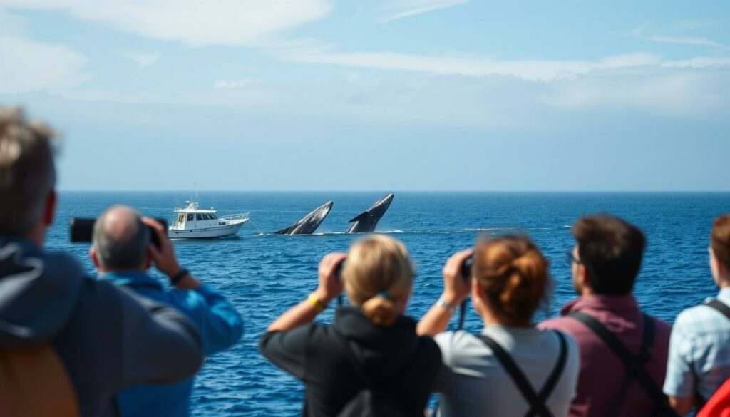 Picturesque scene of sustainable whale watching in the Azores: a small boat gently cruising the deep blue waters, with a pair of humpback whales majestically breaching the surface in the distance. The sky is a soft, hazy blue, with wispy clouds drifting overhead. In the foreground, a group of respectful, awe-struck onlookers observe the giants with binoculars, keeping a safe distance. The lighting is natural and diffused, creating a sense of tranquility. The composition emphasizes the harmonious coexistence between humans and the marine life, conveying the importance of responsible, eco-friendly whale watching practices in this picturesque Azorean setting.