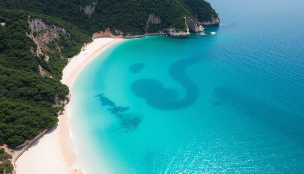 Praia Galapinhos mit türkisblauem Wasser und der grünen Bergkulisse des Naturparks Arrábida Praia Galapinhos mit türkisblauem Wasser und der grünen Bergkulisse des Naturparks Arrábida