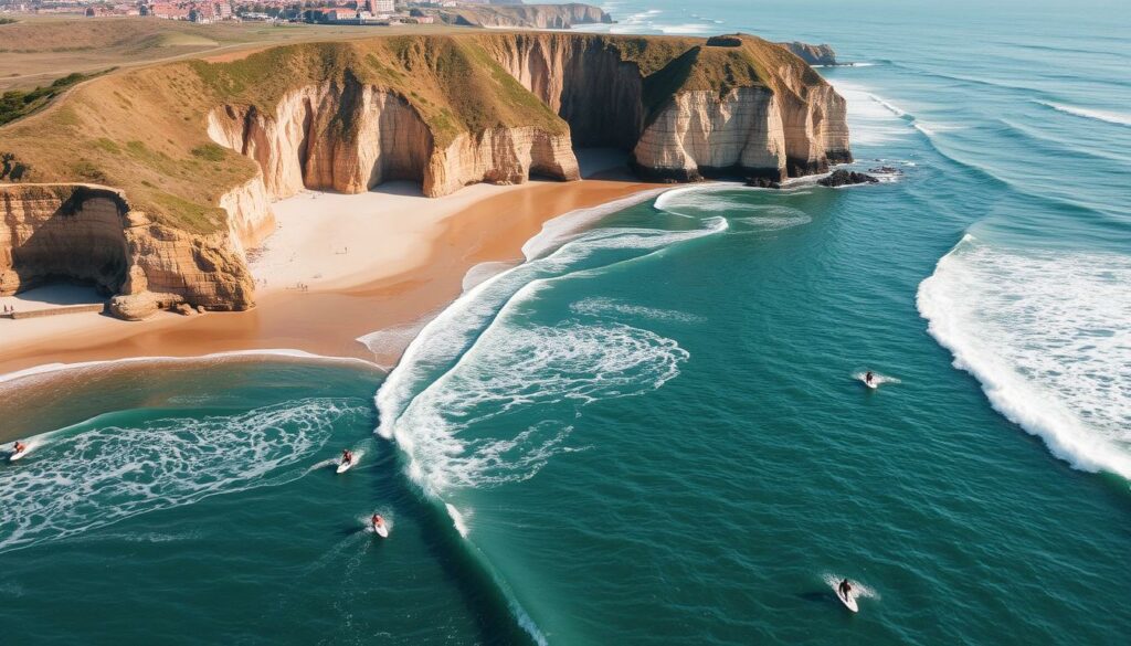 Praia Ribeira d'Ilhas mit Surfern und der charakteristischen Bucht Praia Ribeira d'Ilhas mit Surfern und der charakteristischen Bucht