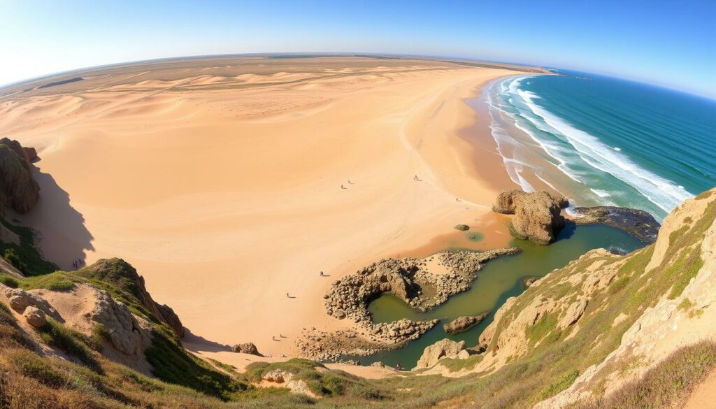 Praia da Amoreira mit seiner Flussmündung und den weitläufigen Dünen Praia da Amoreira mit seiner Flussmündung und den weitläufigen Dünen
