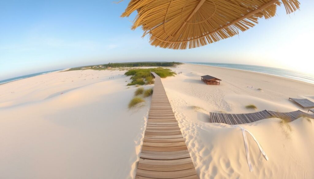 Praia da Comporta mit seinen endlosen Sandstränden, Dünen und dem charakteristischen Strandrestaurant Praia da Comporta mit seinen endlosen Sandstränden, Dünen und dem charakteristischen Strandrestaurant