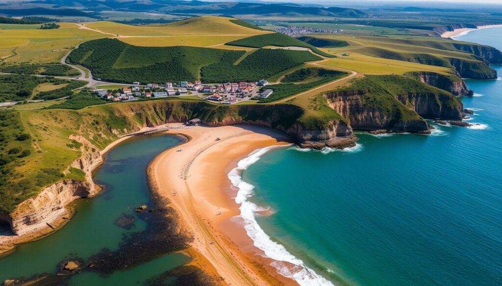 Praia de Odeceixe mit seiner charakteristischen Halbinsel, wo der Fluss Ribeira Seixe auf den Atlantik trifft Praia de Odeceixe mit seiner charakteristischen Halbinsel, wo der Fluss Ribeira Seixe auf den Atlantik trifft