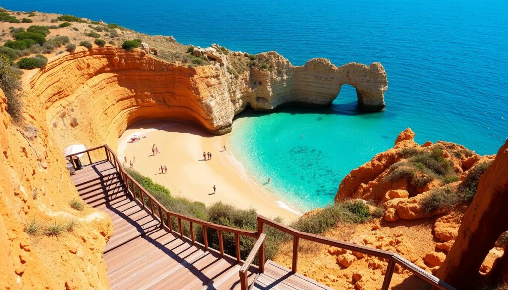 Praia do Camilo mit seiner charakteristischen Holztreppe und den beeindruckenden Felsformationen Praia do Camilo mit seiner charakteristischen Holztreppe und den beeindruckenden Felsformationen