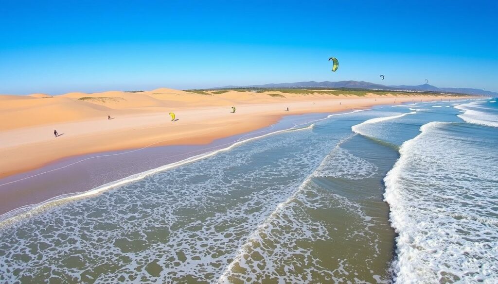 Praia do Guincho mit Windsurfern und den charakteristischen Dünen im Hintergrund Praia do Guincho mit Windsurfern und den charakteristischen Dünen im Hintergrund