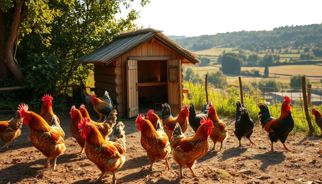 Prompt A rustic farmyard scene featuring a flock of Portuguese chickens in their natural habitat. In the foreground, several hens and roosters are peacefully foraging, their vibrant plumage gleaming under the warm, golden afternoon sunlight. In the middle ground, a quaint wooden coop with a neatly thatched roof stands, its door open to reveal the cozy, well-ventilated interior. The background is dotted with lush, verdant foliage and a picturesque rural landscape, conveying a sense of tranquility and harmony. The camera angle is slightly elevated, offering a panoramic view that showcases the attentive care and nurturing environment provided for these distinctive Portuguese chickens.