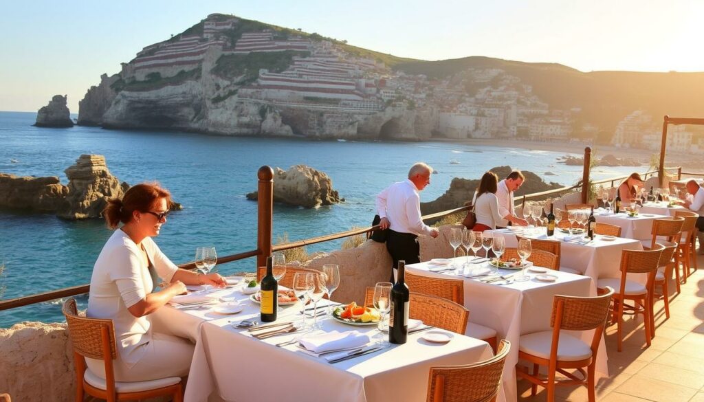 Restaurants Praia da Falésia: A Picturesque Seaside Dining Experience A picturesque seaside setting with charming coastal restaurants lining the cliffs of Praia da Falésia. Warm Mediterranean sunlight dances across the vibrant blue waters, casting a soft glow on the rustic terrace dining areas. Tables are adorned with crisp white linens, fresh seafood and local delicacies are served alongside chilled regional wines. Friendly servers welcome guests, while the sound of gentle waves and the distant call of seabirds create a serene, relaxing atmosphere. In the background, the iconic red-and-white striped cliffs rise majestically, framing the picturesque scene.