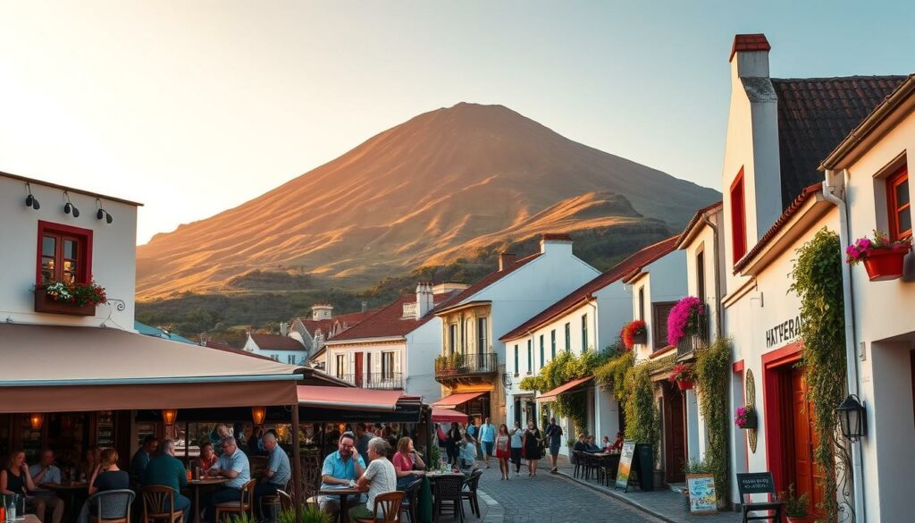 Restaurants und Bars auf den Azoren: A lively scene of vibrant eateries nestled amidst the rugged, volcanic landscape of the Azores. In the foreground, a cozy outdoor café with local patrons enjoying traditional cuisine and craft cocktails. Mid-ground, a bustling street lined with quaint, whitewashed buildings adorned with colorful window boxes and trailing vines. In the background, the silhouette of a majestic mountain peak rises, its slopes blanketed in lush, verdant foliage. Warm, golden lighting casts a soft glow, evoking the inviting atmosphere of an Azorean evening. Capture the essence of the islands' vibrant food scene and picturesque surroundings.