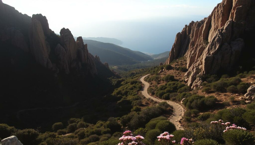 Rocha da Pena Wanderung: A rugged trail winding through a dramatic limestone landscape in the hinterland of the Algarve. Towering cliffs and rocky outcroppings cast long shadows across the path, creating a moody, atmospheric scene. In the middleground, a winding trail leads hikers through a sparse, scrubby forest, dotted with clusters of wildflowers. The background features a distant, hazy horizon, with the deep blue of the ocean peeking through. Soft, diffused lighting filters through the clouds, casting a warm, golden glow over the entire scene. The overall mood is one of solitude, tranquility, and the timeless beauty of the Algarve's natural wonders.