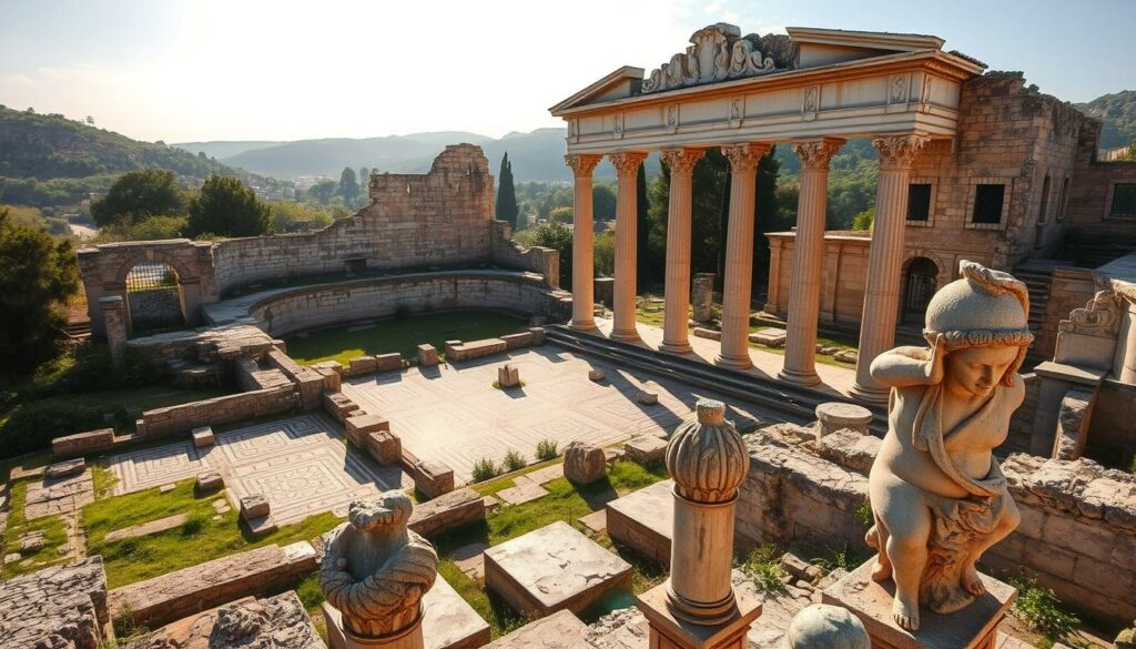 Römische Ruinen von Milreu: A picturesque snapshot of ancient grandeur. Majestic columns and crumbling stone walls emerge from a lush, verdant landscape, casting long shadows under the warm Mediterranean sun. Intricate mosaic floors and ornate architectural details hint at the site's former opulence. In the foreground, weathered statues and carved reliefs stand as silent guardians of this timeless relic. A sense of tranquility and wonder pervades the scene, inviting the viewer to step back in time and imagine the bustling Roman settlement that once thrived here. Captured with a wide-angle lens to convey the scale and scope of this remarkable archaeological treasure.