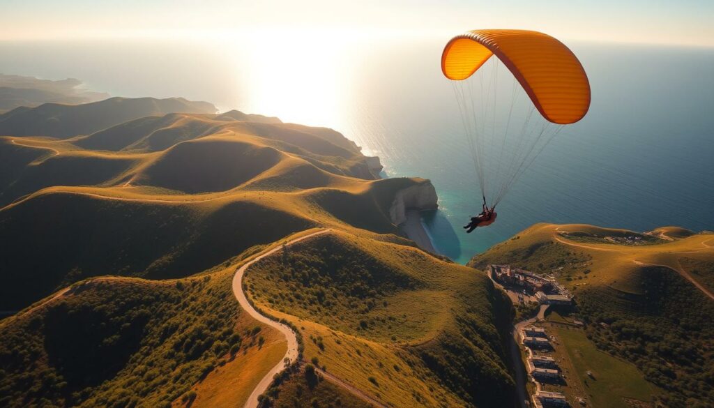 Serene aerial vista over the undulating Serra da Arrábida hills, with a lone paraglider gracefully soaring above the lush, verdant landscape. Warm, golden sunlight bathes the scene, casting a tranquil glow over the rugged coastal cliffs and deep blue waters of the Atlantic Ocean in the distance. The perspective is from a high vantage point, allowing for a sweeping panoramic view that captures the natural beauty and sense of adventure inherent to this outdoor activity. The image conveys a feeling of freedom, tranquility and a harmonious connection between human and nature.
