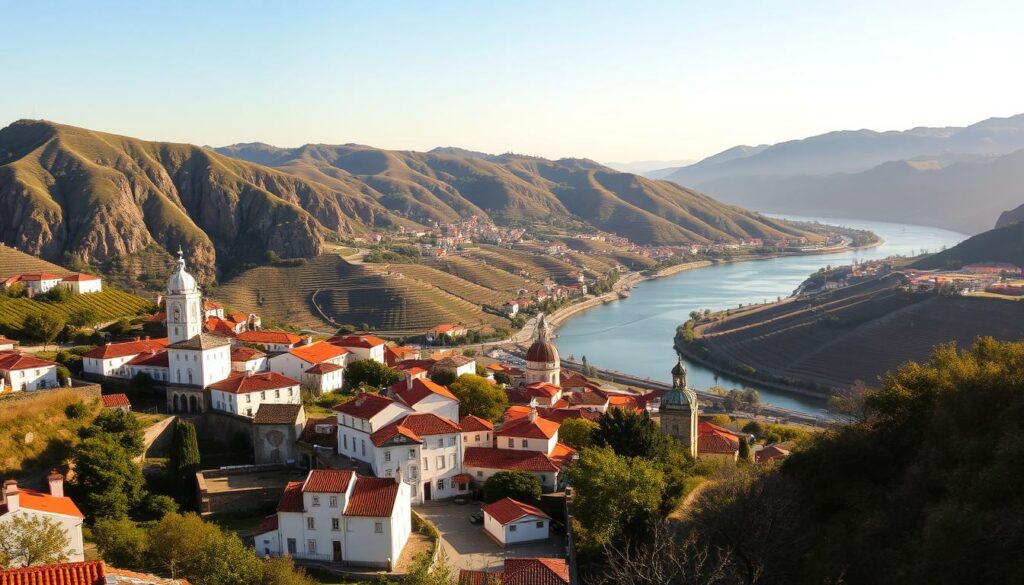 Serenely nestled in the picturesque Douro Valley, a tapestry of rolling vineyards, historic towns, and ancient landmarks unfurls. In the foreground, a quaint riverfront village with its whitewashed buildings and terracotta roofs beckons. Towering above, rugged cliffs and lush hillsides dotted with centuries-old quintas, or wine estates, command the middle ground. The background reveals the majestic Douro River snaking through the valley, its azure waters reflecting the golden hues of the setting sun. Capture the essence of this captivating region, where history, wine, and natural beauty converge in a breathtaking panorama, framed by a warm, golden light that casts a dreamy, atmospheric glow. Serenely nestled in the picturesque Douro Valley, a tapestry of rolling vineyards, historic towns, and ancient landmarks unfurls. In the foreground, a quaint riverfront village with its whitewashed buildings and terracotta roofs beckons. Towering above, rugged cliffs and lush hillsides dotted with centuries-old quintas, or wine estates, command the middle ground. The background reveals the majestic Douro River snaking through the valley, its azure waters reflecting the golden hues of the setting sun. Capture the essence of this captivating region, where history, wine, and natural beauty converge in a breathtaking panorama, framed by a warm, golden light that casts a dreamy, atmospheric glow.