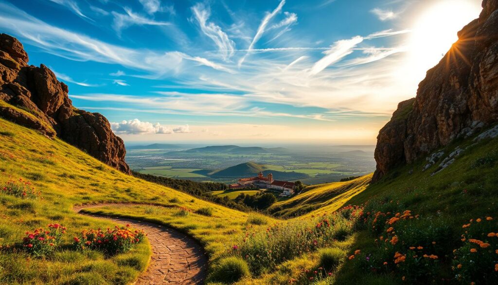 Sprawling green hillsides, dotted with vibrant wildflowers, stretch out beneath a clear blue sky. In the foreground, a winding path leads up to a picturesque viewpoint, the Miradouro Serra Cume, offering a panoramic vista of the surrounding countryside. Rugged rocky outcroppings frame the scene, casting dramatic shadows that play across the landscape. A warm, golden light filters through wispy clouds, creating a serene, inviting atmosphere. In the middle ground, historic structures and quaint buildings nestle among the lush foliage, hinting at the charming attractions and cultural heritage of the area. The overall composition evokes a sense of tranquility and natural wonder, perfectly capturing the essence of this scenic overlook.
