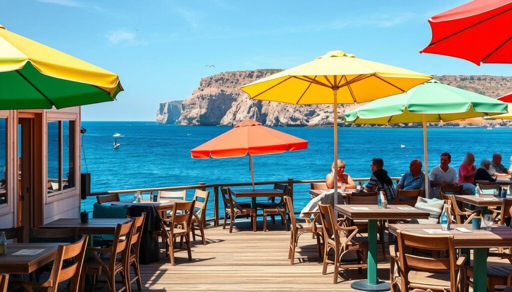 Strand restaurants sagres, situated along the picturesque coastline of Sagres, Portugal. A vibrant scene of open-air eateries, their sun-dappled terraces overlooking the vast Atlantic Ocean. Weathered wooden tables and chairs invite visitors to savor local seafood delicacies, as a gentle breeze carries the scent of freshly grilled fish. Colorful umbrellas provide shade, while the sound of lapping waves and seagull cries create a tranquil, laid-back ambiance. In the background, the rugged cliffs of Cabo de São Vicente stand as sentinels, their ochre hues contrasting with the deep blue of the sea. This is a setting that perfectly encapsulates the essence of dining on the Algarve's western coast.