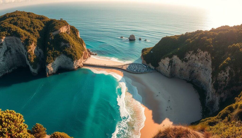 Stunning coastal landscapes with pristine sandy beaches, gently lapped by turquoise waves under a warm, golden sun. Towering cliffs dotted with lush, verdant foliage frame the idyllic scene, casting dramatic shadows across the shore. In the middle ground, a picturesque seaside promenade winds along the coast, inviting leisurely strolls and opportunities to take in the breathtaking natural beauty. A wide-angle lens captures the expansive, panoramic vista, fully immersing the viewer in the serene, tranquil atmosphere of this captivating coastal paradise.