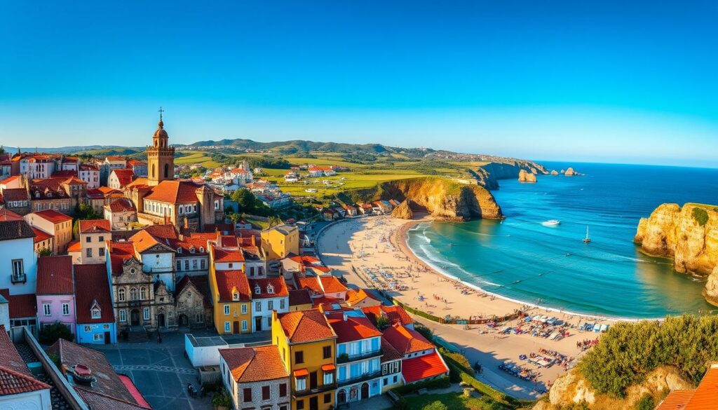 Stunning panoramic view of Portugal's iconic landmarks and vibrant activities. In the foreground, the picturesque medieval architecture of a quaint coastal town, with colorful buildings and cobblestone streets. In the middle ground, a serene beach scene with people enjoying water sports and relaxing by the azure waters. In the background, rolling hills and rugged cliffs overlooking the Atlantic Ocean, bathed in warm, golden sunlight. The composition captures the country's diverse natural beauty and rich cultural heritage, inviting the viewer to explore Portugal's many wonders. Photograph taken with a wide-angle lens to emphasize the grand scale and breathtaking scenery.