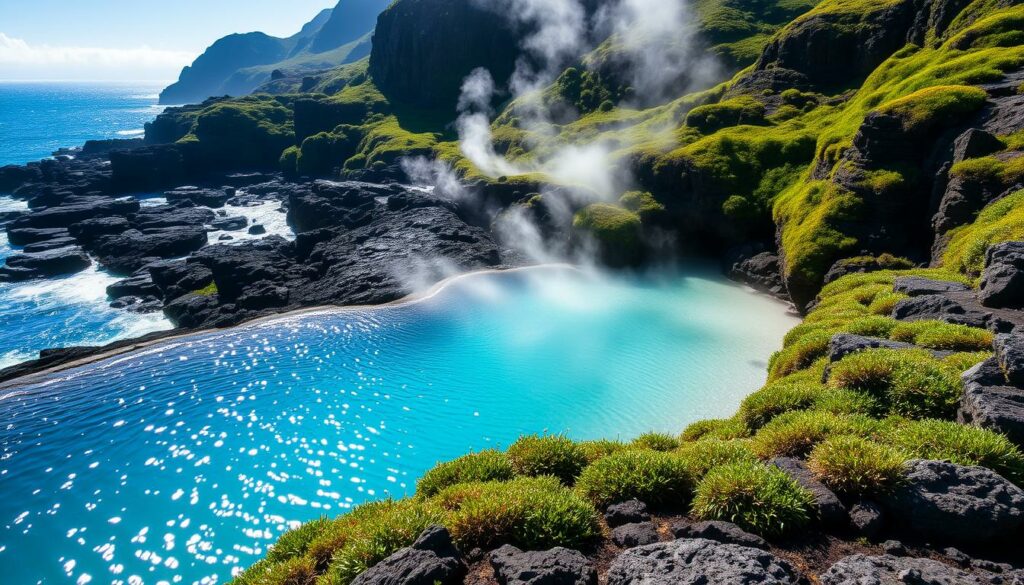 Termas da Ferraria: a mesmerizing natural wonder on the Azores islands, where steaming geothermal waters flow into the vast Atlantic Ocean. Envision a dramatic coastal landscape, with rugged volcanic cliffs towering over a tranquil azure pool. Sunlight glimmers on the gently rippling surface, illuminating the misty geothermal vapors that billow up from the thermal springs. Lush, verdant vegetation clings to the rocky shore, creating a serene, primordial atmosphere. Capture the essence of this unique intersection of land, sea, and volcanic activity, showcasing the Azores' remarkable geological heritage in all its untamed beauty.